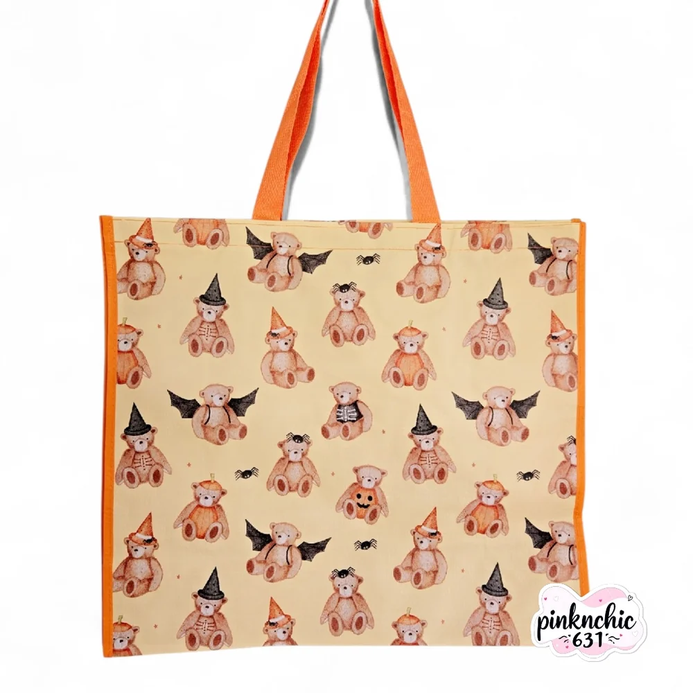 Teddy Bear Halloween Pumpkin Witch Reusable Fall Tote Bag